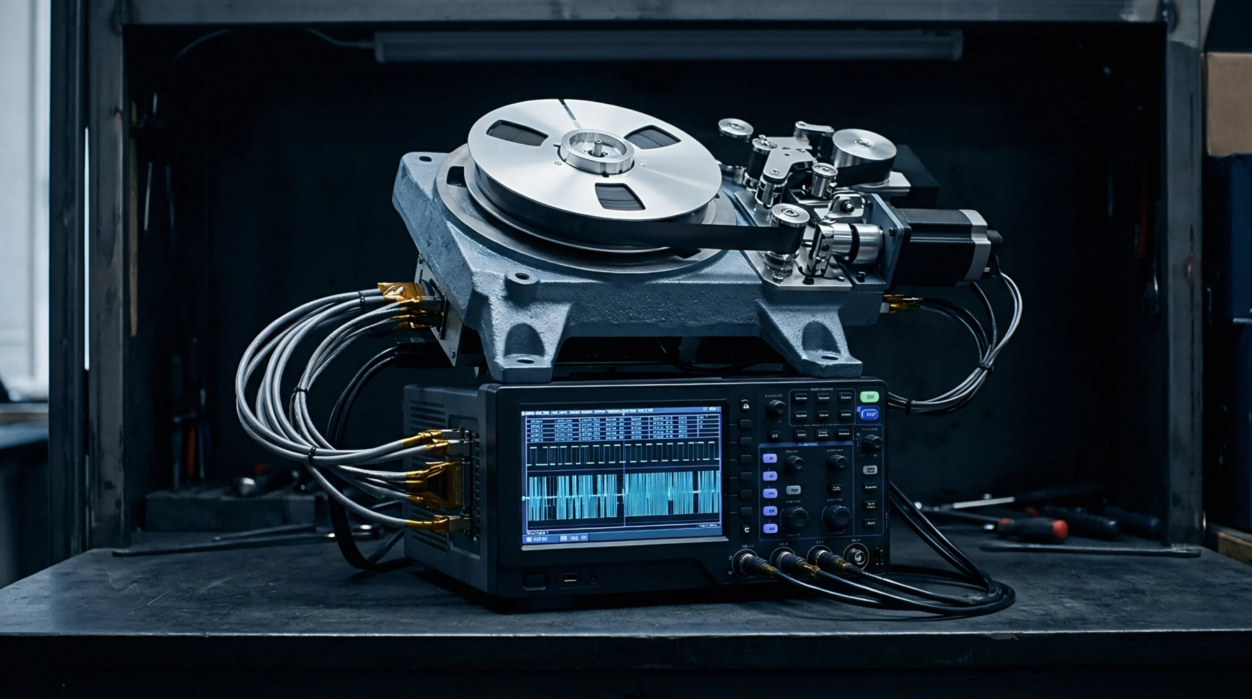 An industrial workbench supports an oscilloscope with active digital logic traces connected by complex wiring to a magnetic tape storage unit.