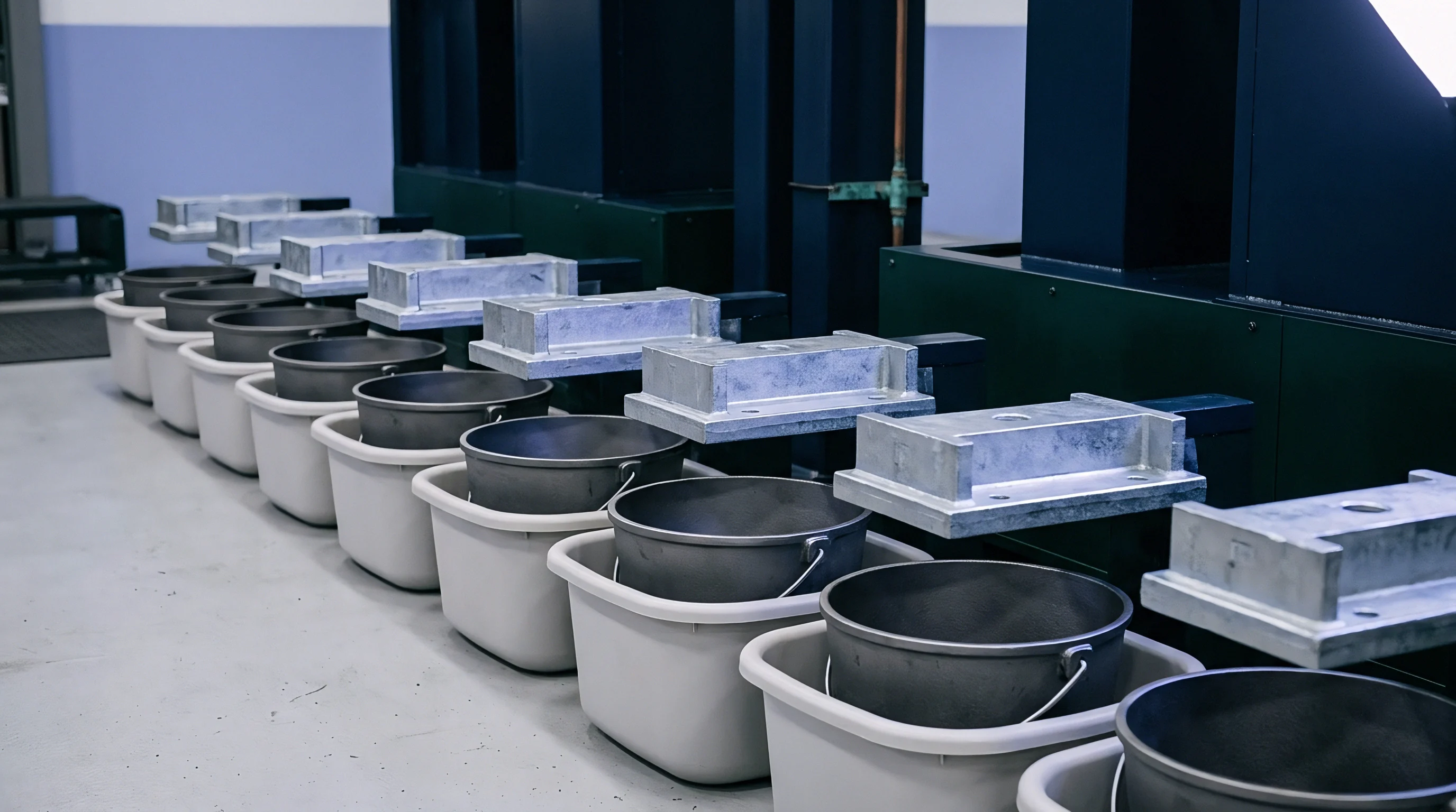 Automated manufacturing stations feature metal tooling fixtures positioned above industrial containers across a factory floor dedicated to hardware production.