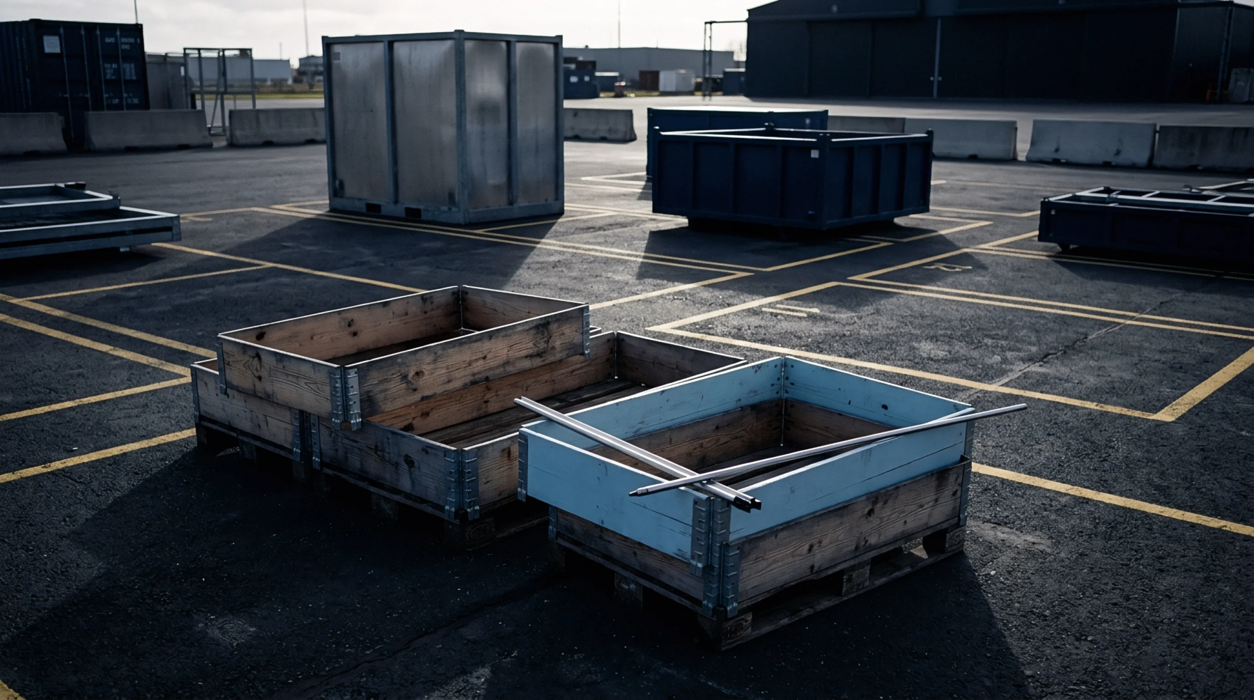 Wooden pallets and metal shipping containers sit on an asphalt staging area prepared for connectivity module integration workflows.
