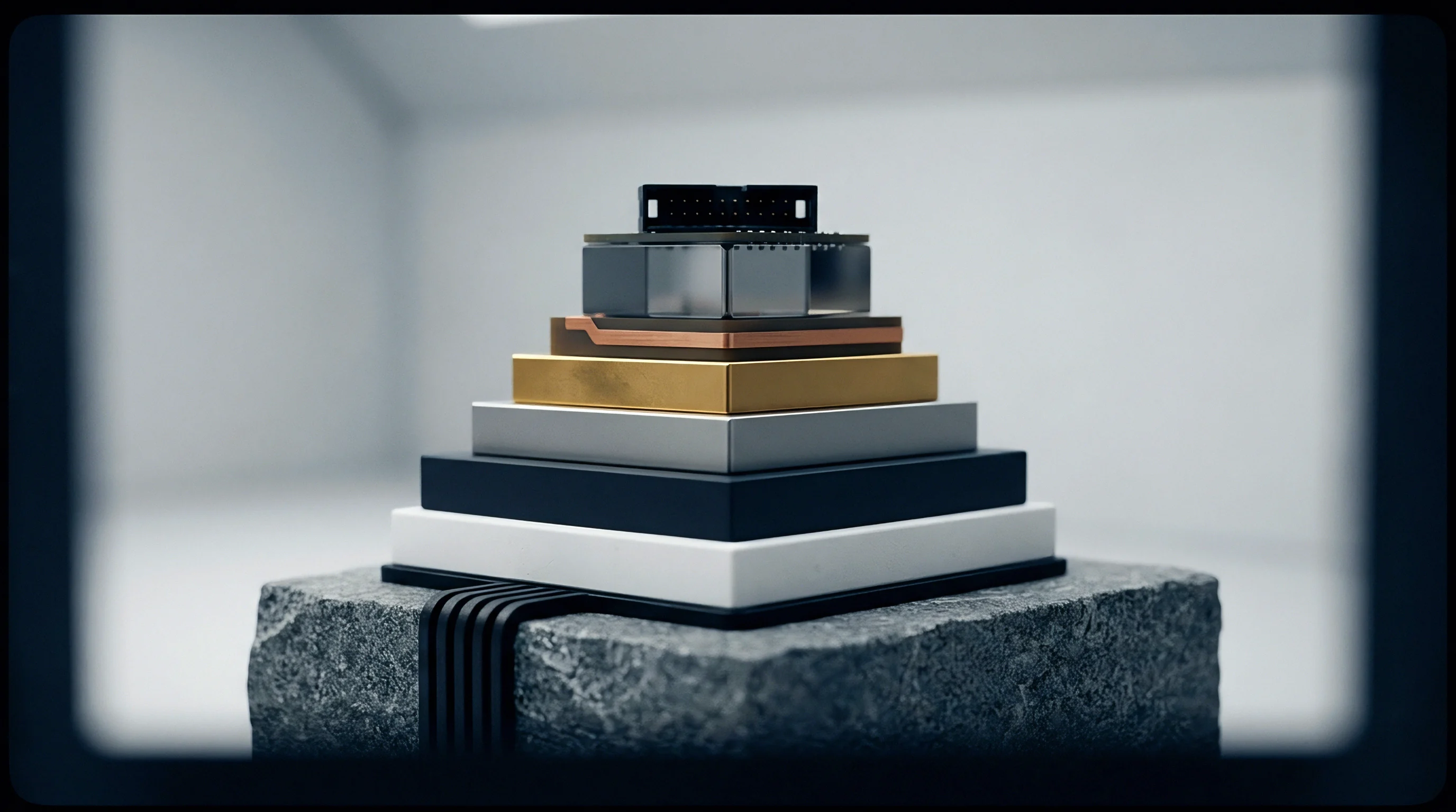 This rendered graphic illustrates a stack of distinct material blocks layered upon a textured stone base, topped with a digital connector or module.