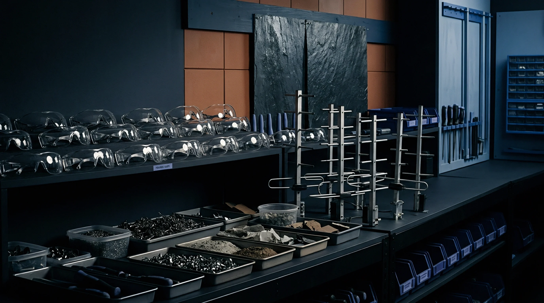 Industrial workbench displays multiple rows of safety glasses alongside metal antenna units, tool trays, and raw material containers in a production facility.