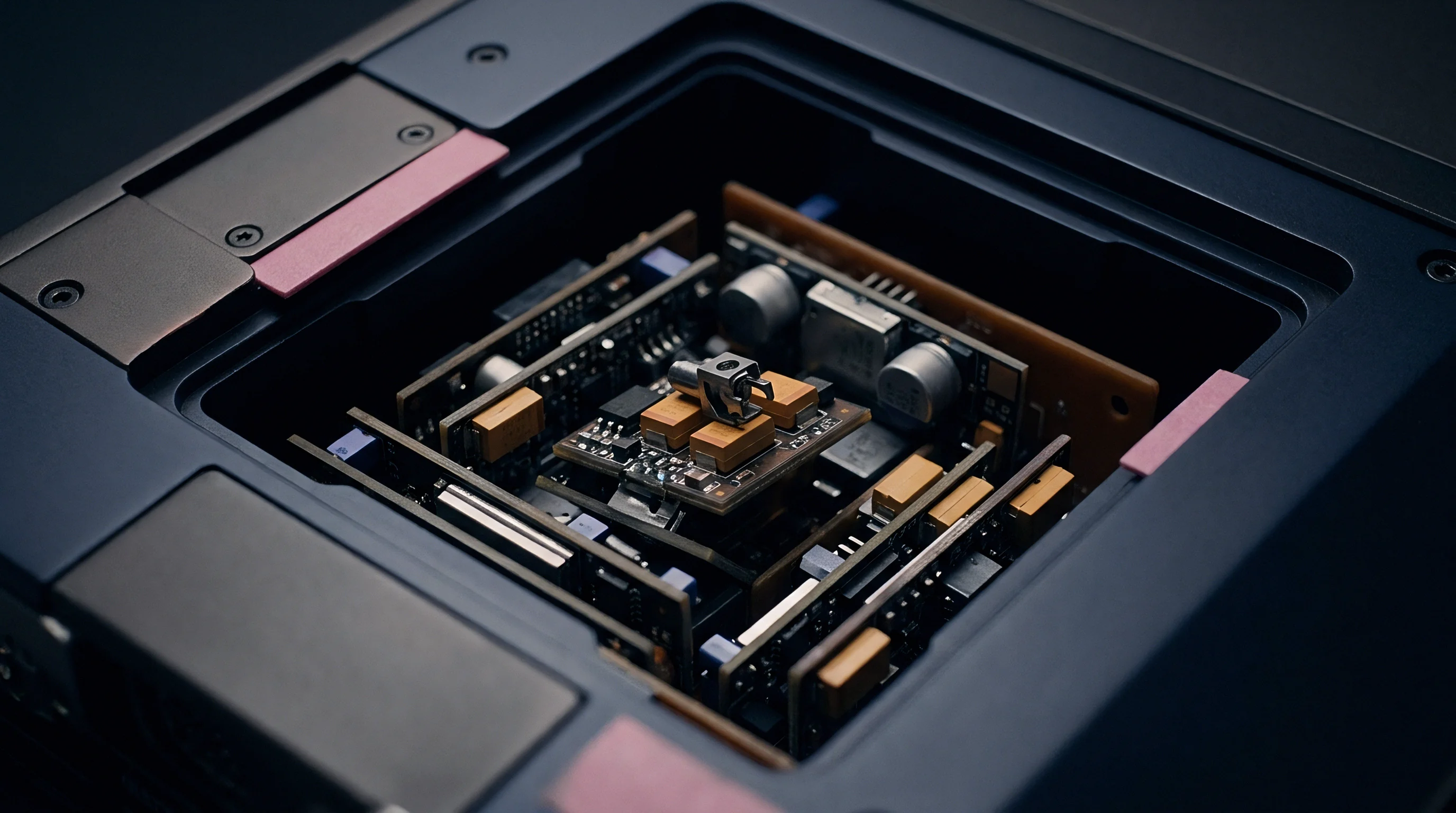 Multilayer printed circuit boards populate the deep recessed chassis of this radio frequency connectivity module designed for high performance integration into smart hardware systems.