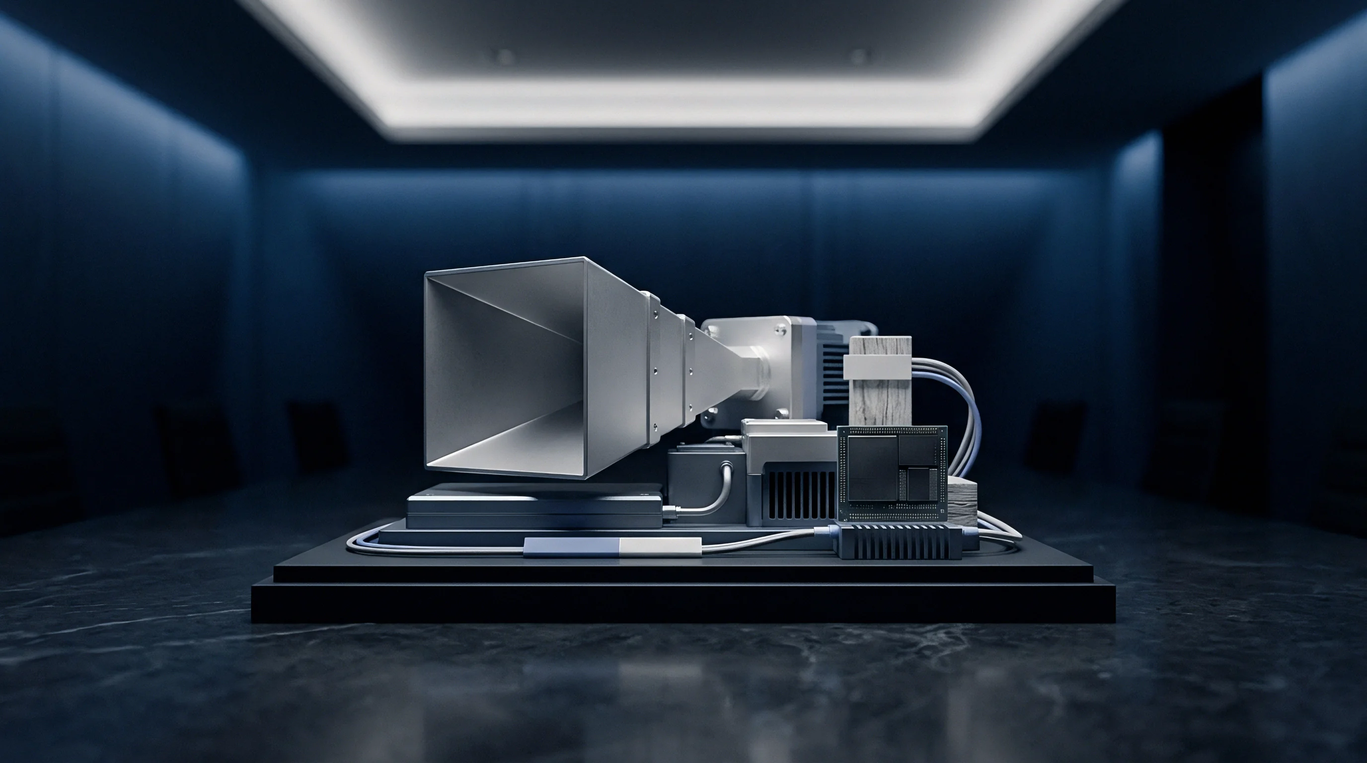 A digital render displays a metallic horn antenna mounted on an electronic integration platform inside a blue lit laboratory setting.