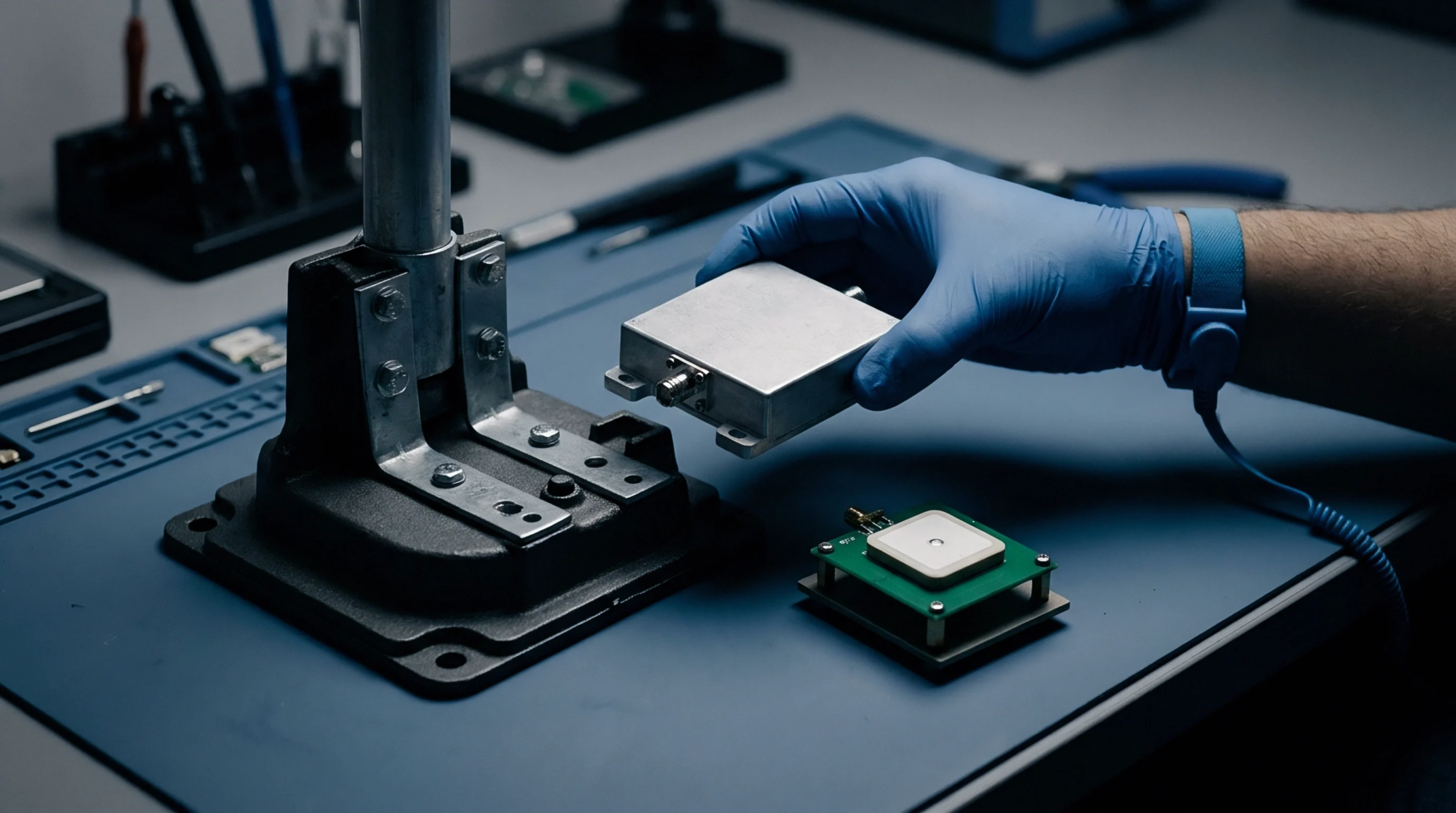 A technician in a protective glove positions a metal radio frequency enclosure above a circuit board featuring a mounted antenna module.