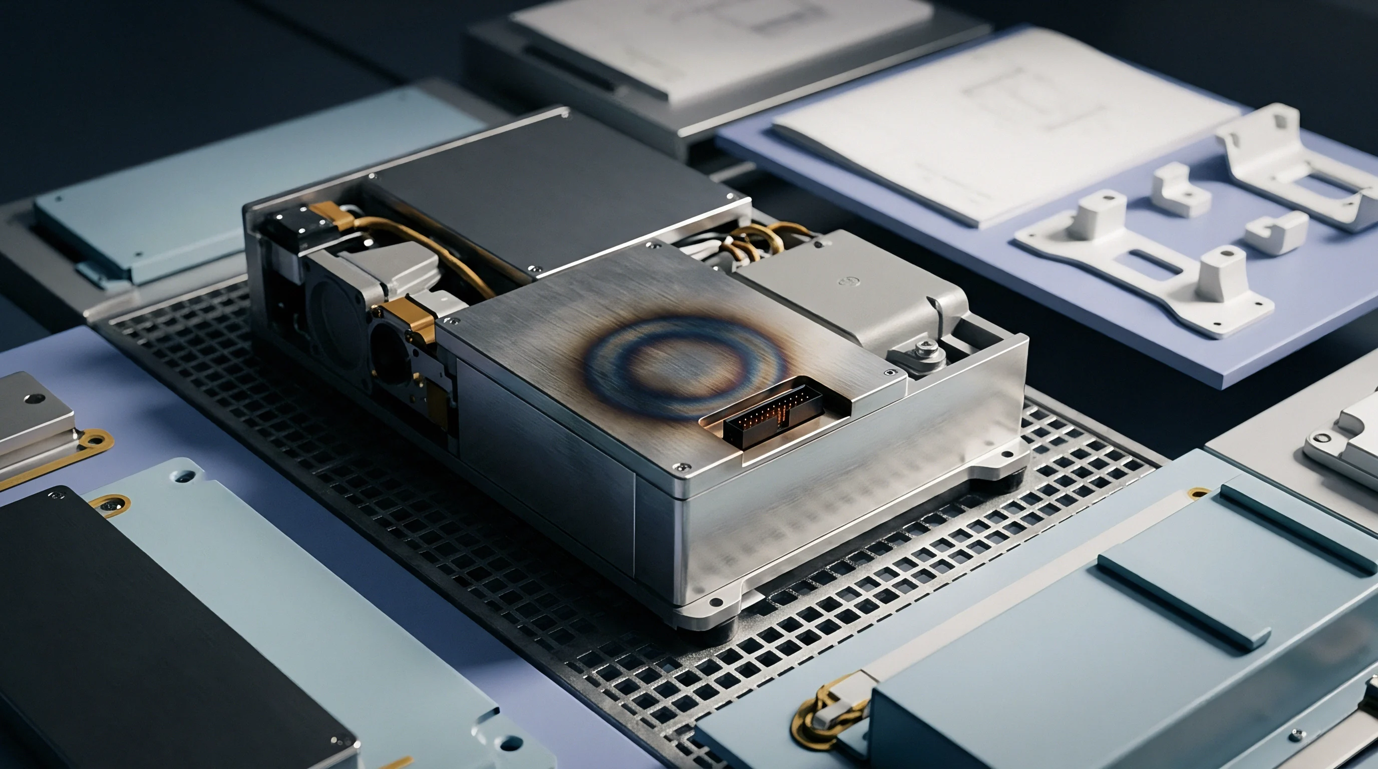 An aluminum connectivity module chassis sits on a metallic grid workbench surrounded by finished component housings during technical certification testing.