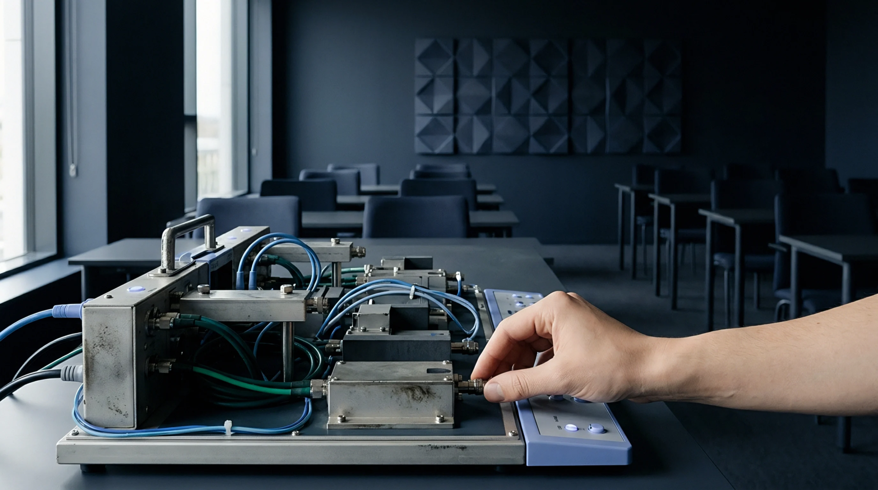 A technician adjusts a coaxial connector on a multi-module radio frequency testing rig set on a laboratory bench.