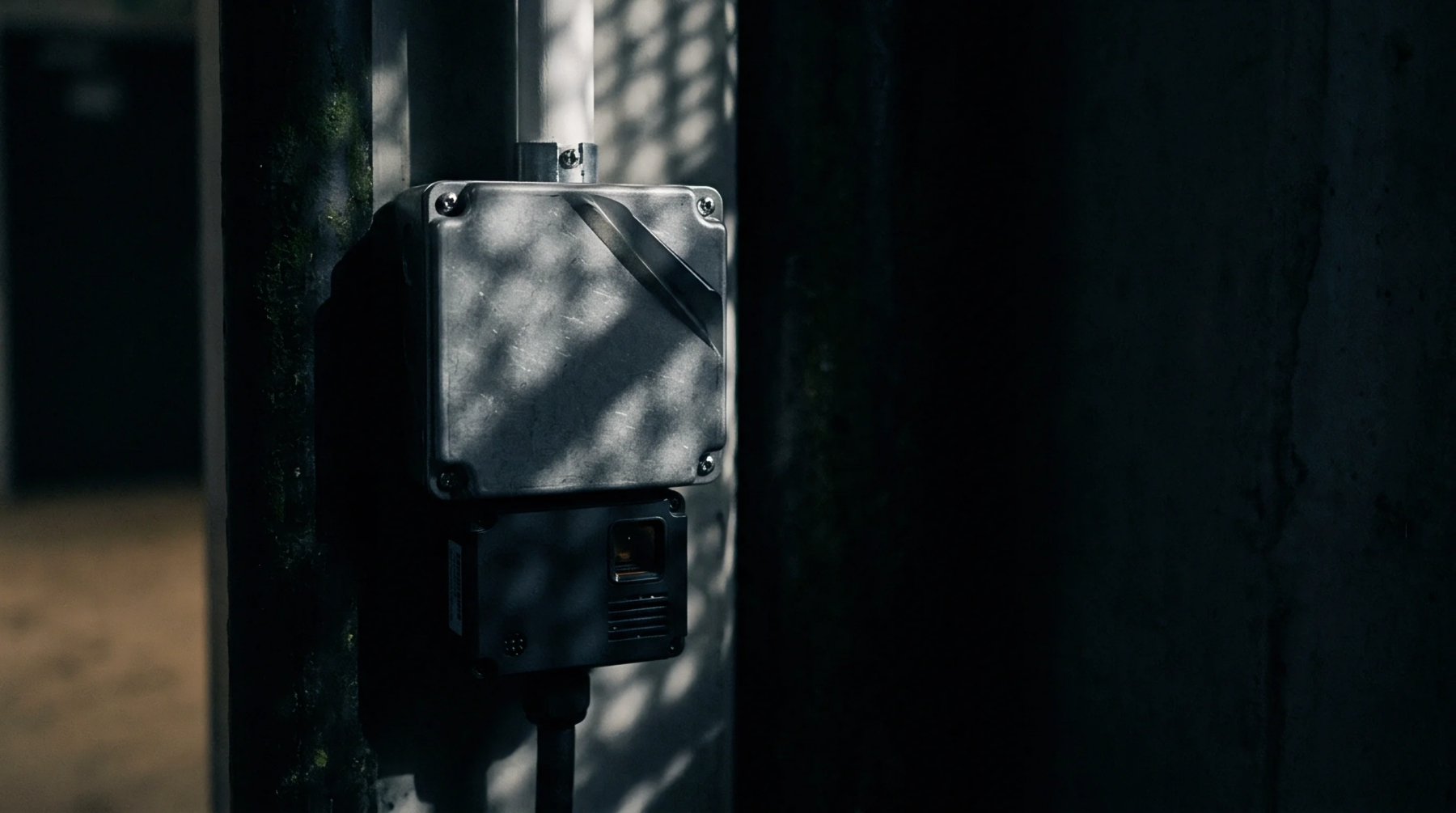 A rugged metal enclosure is mounted on a pipe, connected to a smaller sensor module, in a dimly lit industrial setting.
