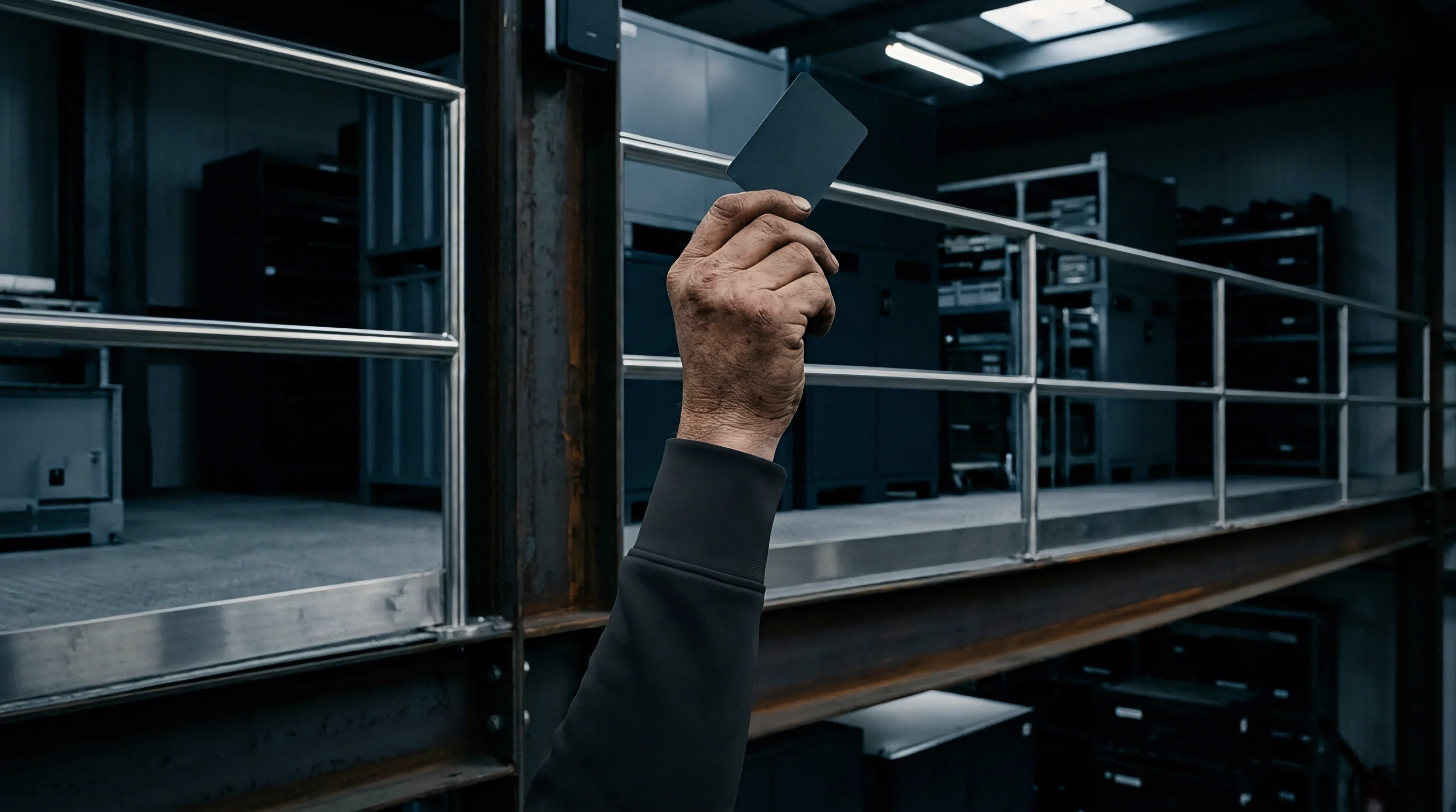 A gloved hand raises a dark smart device component toward overhead lights on an industrial mezzanine floor.