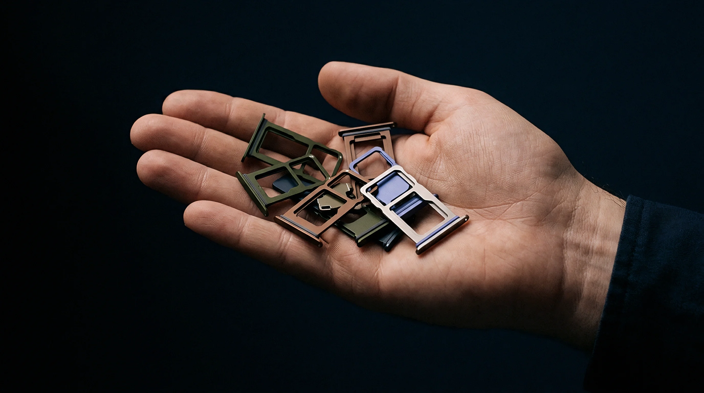 A hand holds an assortment of anodized metal sim card trays designed for mobile device hardware integration and connectivity module housing.