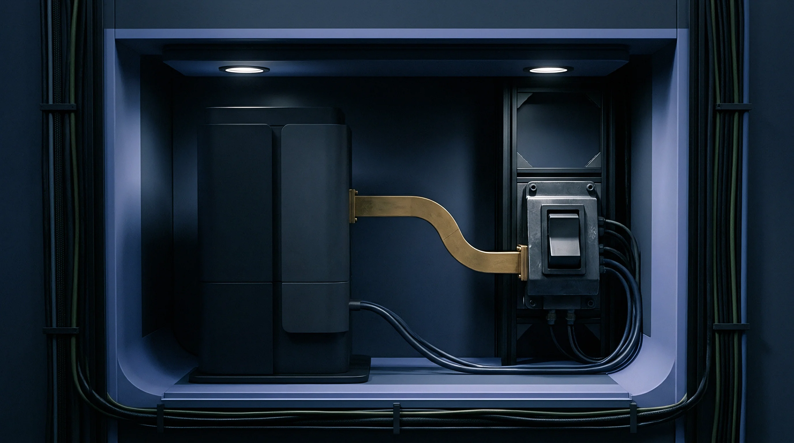 This render shows a smart device power integration module with a prominent disconnect switch and connecting busbar within a utility enclosure.