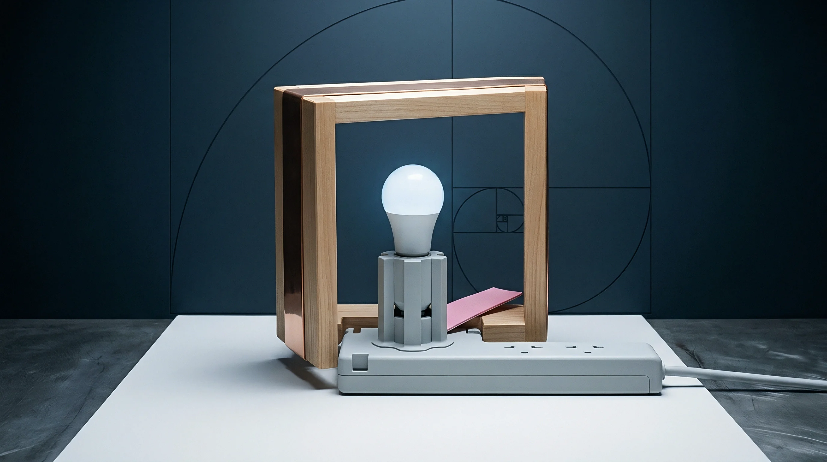 A single lightbulb sits in a wooden frame connected to a power strip as a test apparatus for smart lighting integration and module performance analysis.