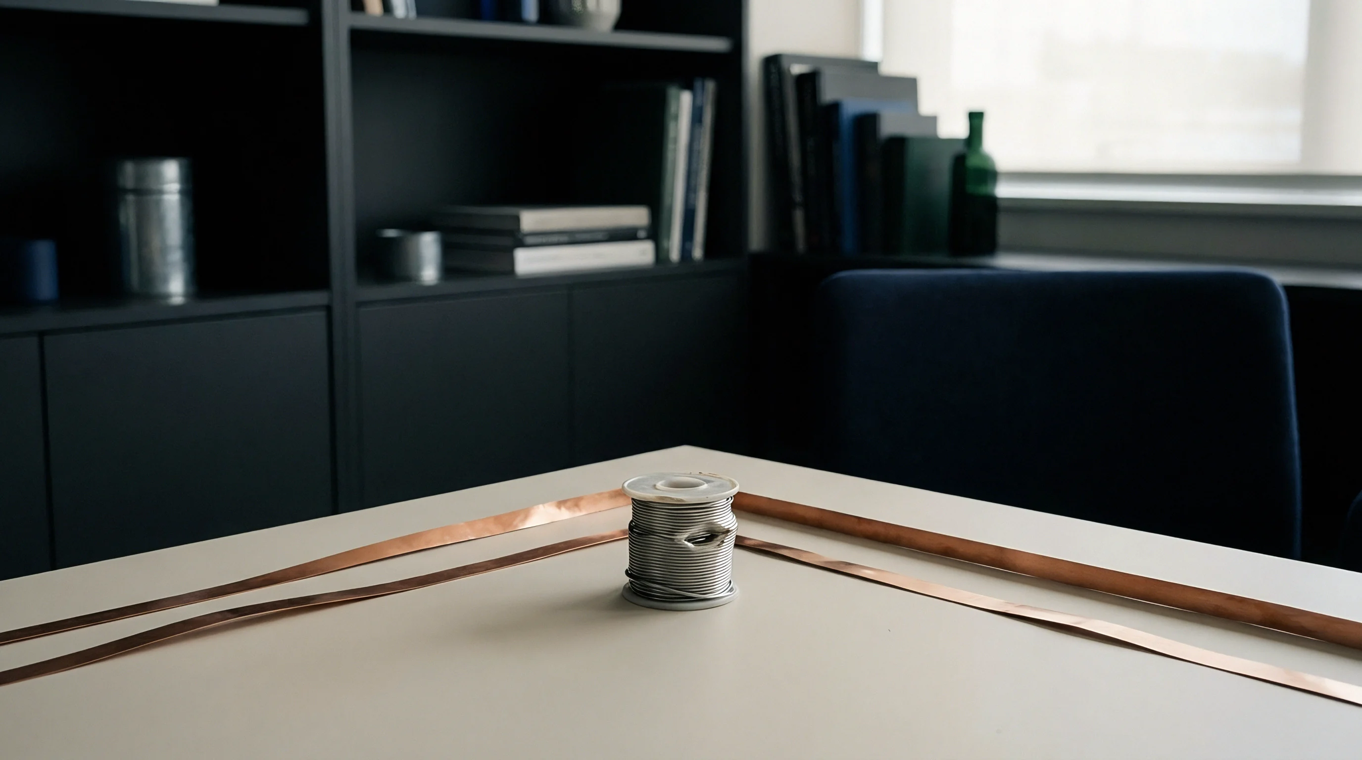 A spool of solder wire and flat copper conductive strips are positioned on a surface, indicating components for electrical connections.