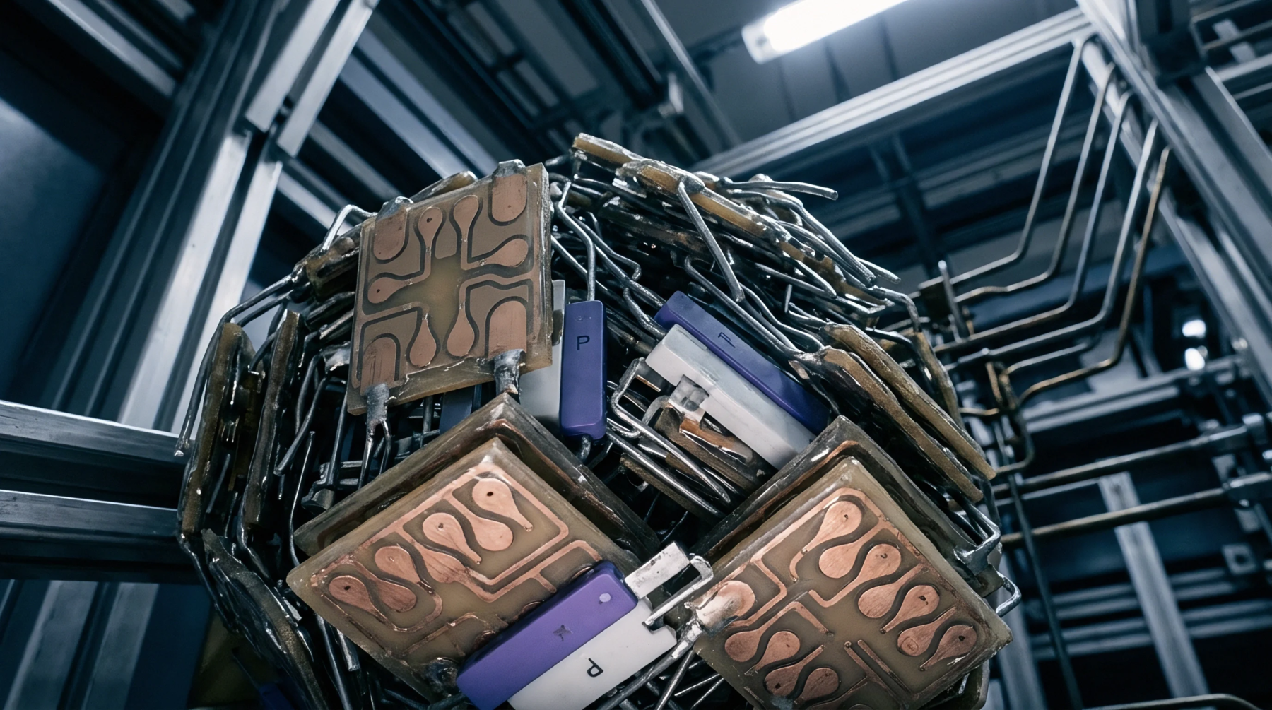 A spherical electronic prototype constructed from printed circuit boards and rectangular transceivers sits within a metallic industrial test chamber.