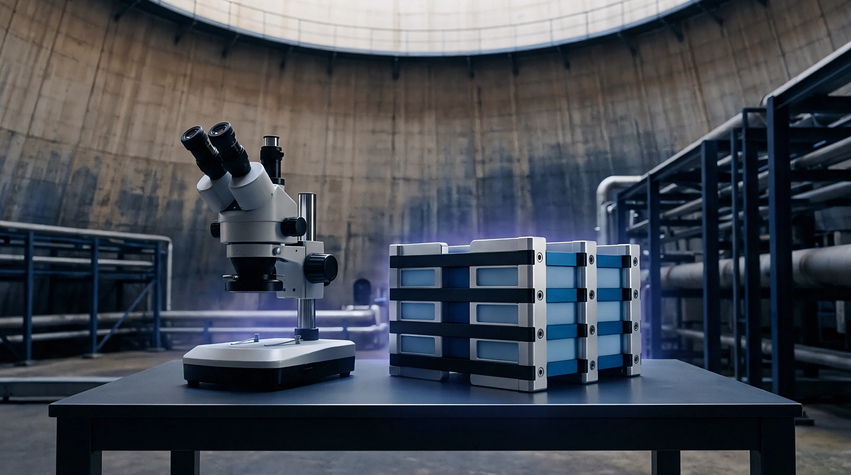 A stereo microscope sits beside a modular connectivity device stack on a table inside an industrial concrete test facility for hardware quality assurance analysis.