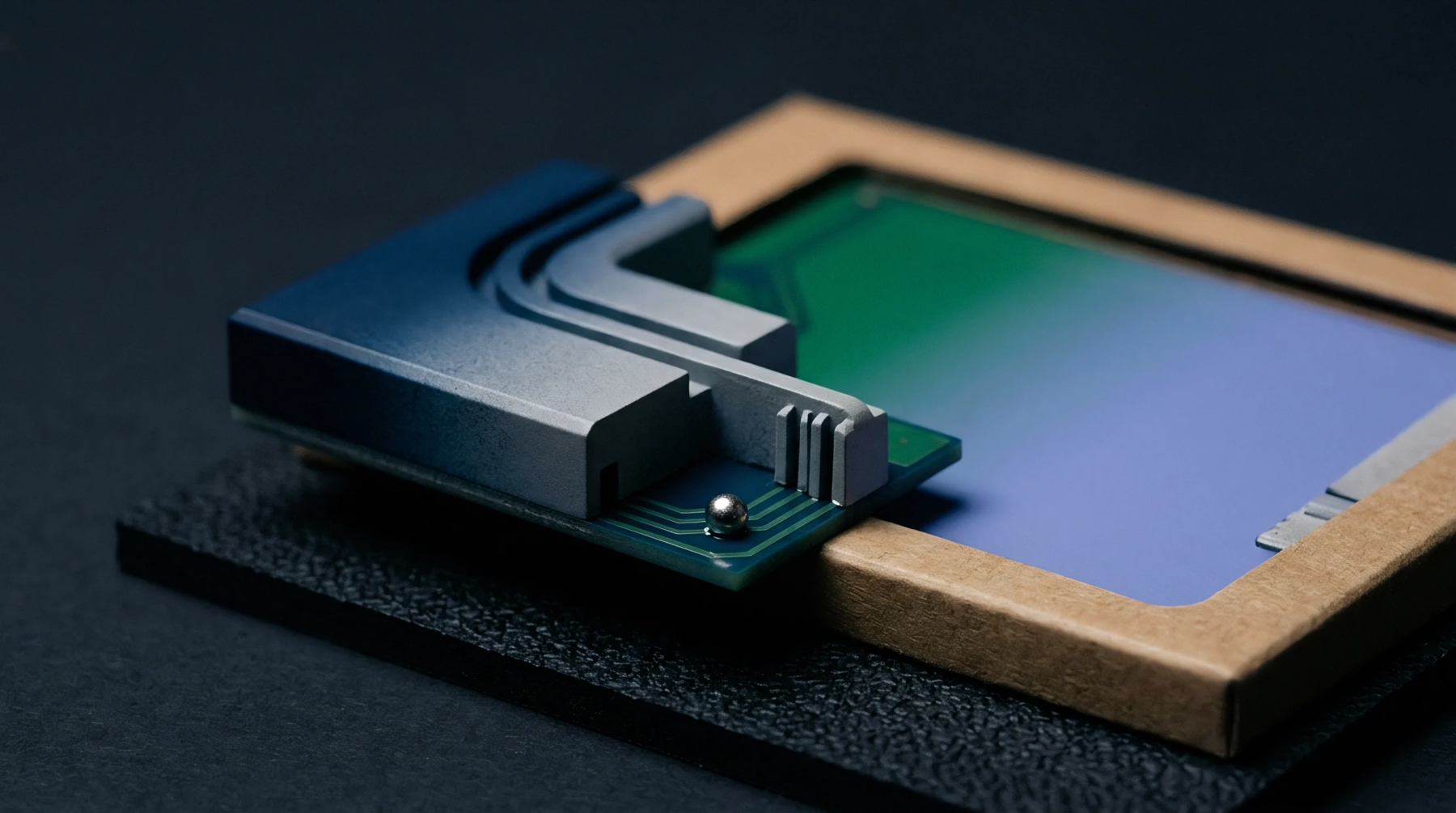 A rendered modular electronic assembly rests within a cardboard frame mounted on a textured black base representing a development environment for hardware integration.