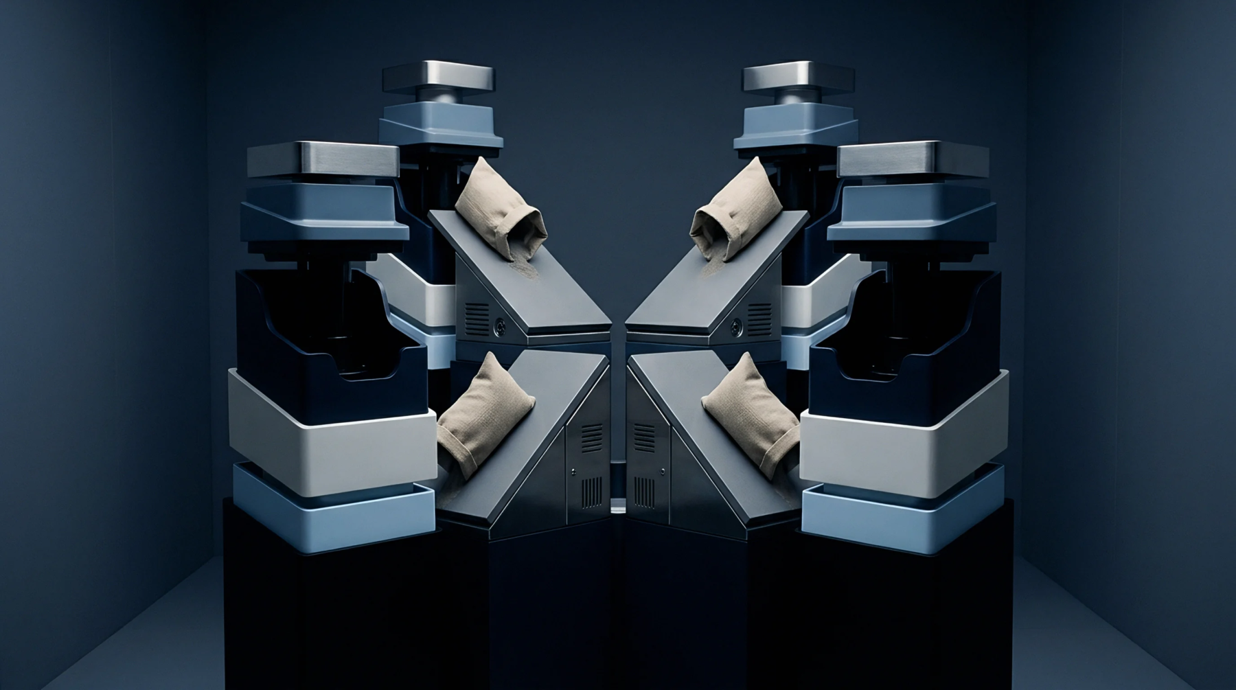 A digital render displays symmetrical modular production stations featuring metallic housings and fabric component pouches inside a dark industrial testing facility.