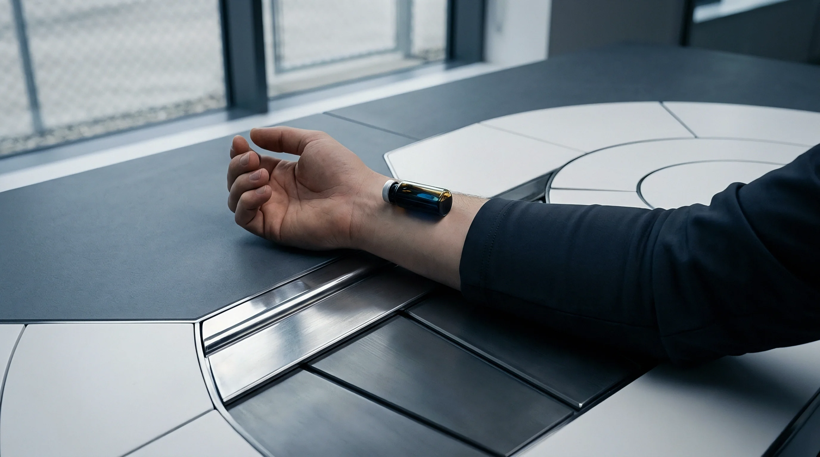 A smart module vial rests on a human forearm positioned over a segmented metal and composite laboratory testing bench.