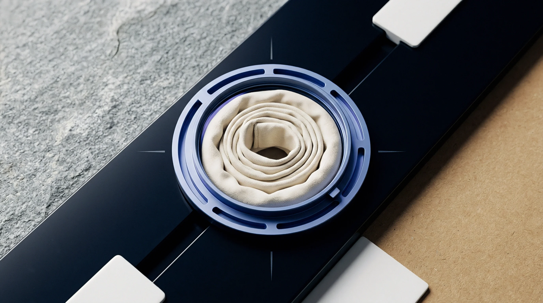 A coiled textile strap sits within a circular blue metallic guide positioned on a dark elongated fixture with sliding white blocks.