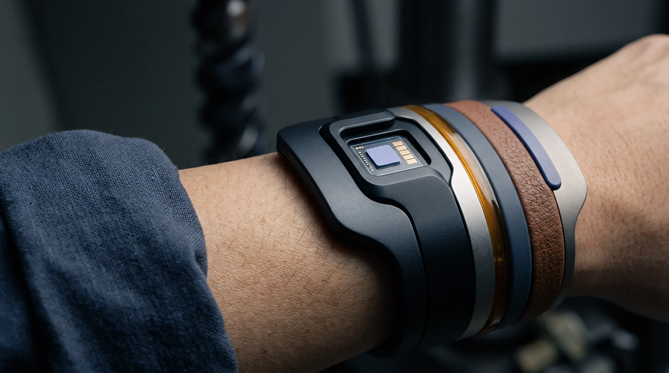 A human wrist wears several stacked bands including a wide black casing containing a visible integrated circuit chip and electrical contacts.